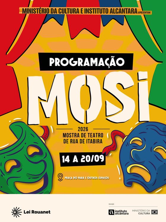 Capa da programação do MOSI 2026, com máscaras de teatro em verde e azul sobre fundo amarelo e a data de 14 a 20 de setembro